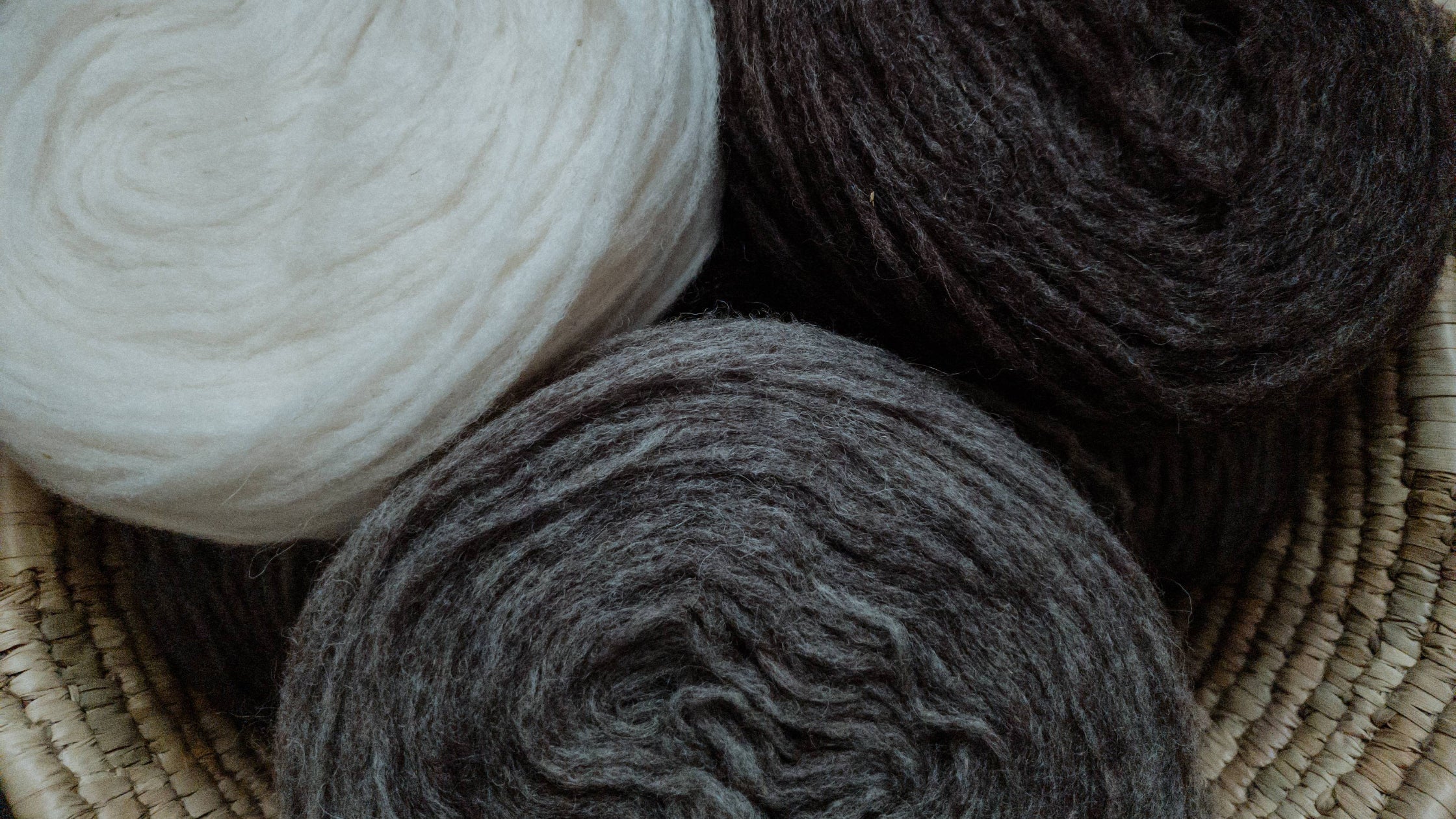 Multiple plates of unspun Nutiden yarn resting in a basket.