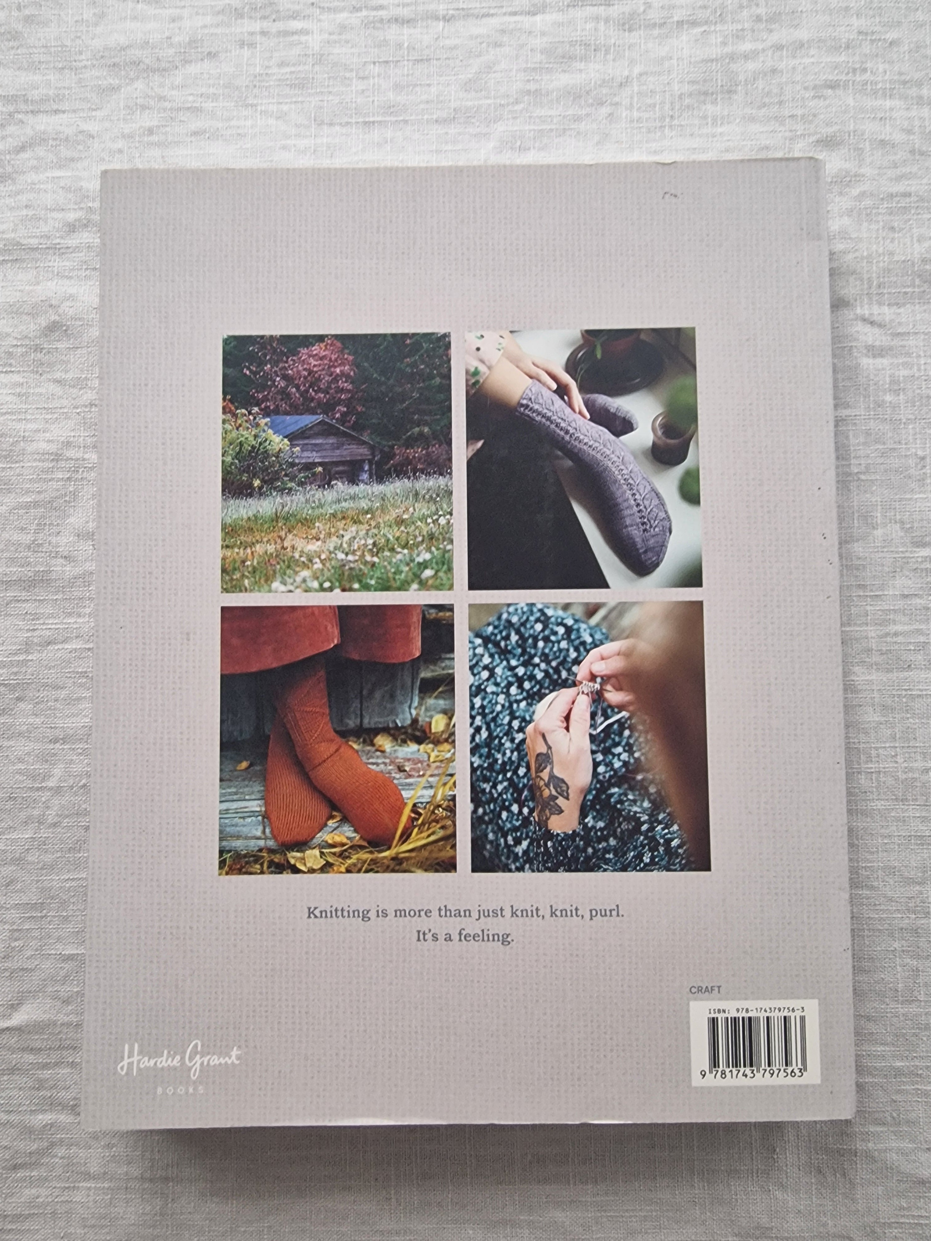 Book cover with images of knitting and yarn on a textured surface