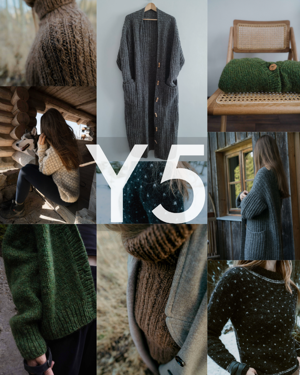Collage of handknit garments featuring chunky wool sweaters, cardigans, and accessories in earthy green and brown tones.