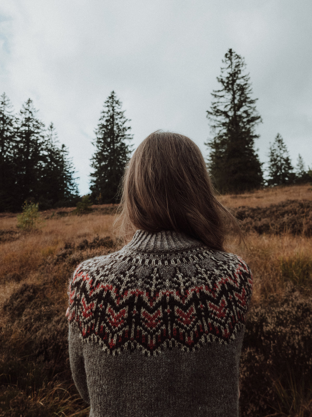 Woman wearing gray wool sweater with red Fair Isle pattern standing in autumn landscape with evergreen trees.